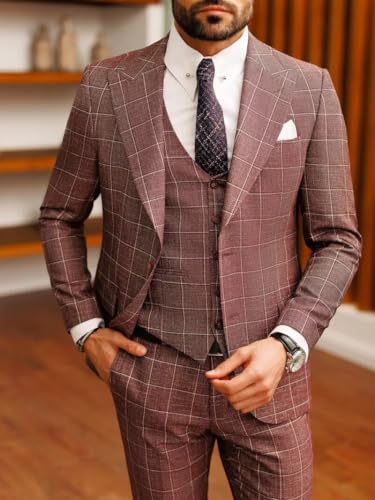 Mens 3-Piece Plaid Suit Slim Fit Formal Bussiness Wedding Suit Two Button Checked Suits Jacket Vest Pants Set3