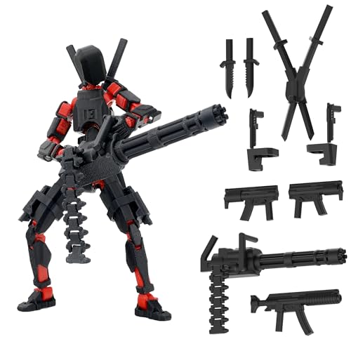 Gatling Gun Titan 13 Action Figure Set【Assembled】, Robot T Action Figure 3D Printed Dummy 13 Action Fidget Toys Figure Articulated, Lucky 13 for Collectors Desktop Decorations (Red-Black)