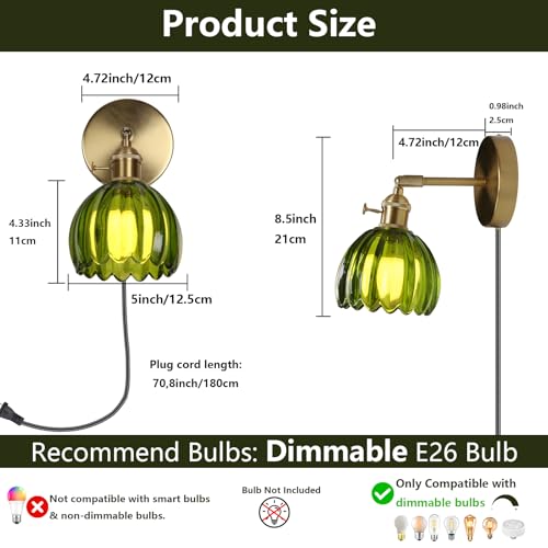 Image of HuisMier Dimmable Plug in Wall Sconces, Vintage Green Tulip Glass Lampshade Wall Light with On /Off Switch, Modern 180 Degree Adjustable Brass Wall Sconces for Bathroom Bedroom Hallway, Plug in