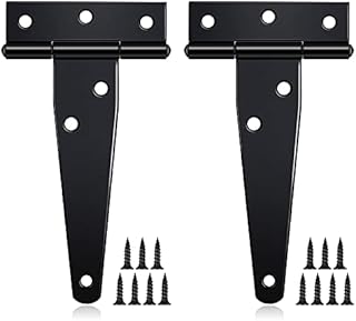 2 Pieces T-Hinge Black, 4 Inch Tee Shed Hinge Set T-Strap Hinges Metal Gate Shed Hinges with 12 Screws Heavy Duty T Hinge Tee Hinge for Gates Shed Doors Windows Fence Garden Storage Rooms