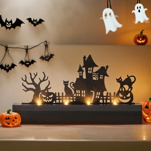 Halloween Table Decor Led Lights Silhouette Decoration Metal Horror Pumpkin Battery Operated Indoor Decoration for Tabletop,Party, Home, Window