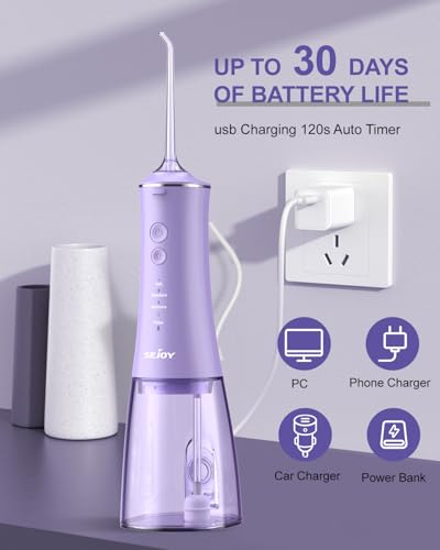 Munddusche Kabellos Elektrischer Zahnreiniger, Sejoy Zahndusche Water Flosser 5 Modi & 6 Düsen USB-C Wiederaufladbare Wasser Flosser IPX7 Wasserdicht, 280ML Wassertank Mund Reiniger (Lila) – Bild 7
