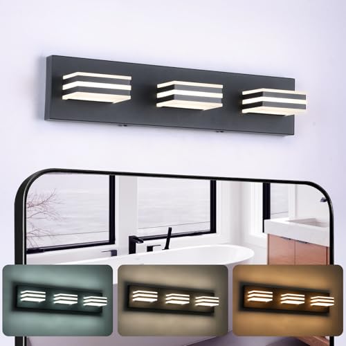Image of Black Vanity Lights for Bathroom Light Fixtures (3-Light, 20-Inch) Adjust 3 Colors Modern Bath Lighing Fixture Over Mirror LED Vanity Lighting