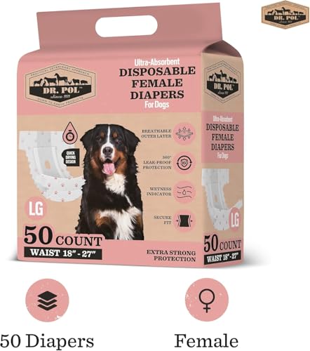 Image of Dr Pol Dog Diapers for Female Dogs | Disposable Pet Diapers with Wetness Indicators | Adjustable Fit | Leak Protection & Super Absorbent | Perfect for Heat Cycles & Training Accidents | Pack of 50