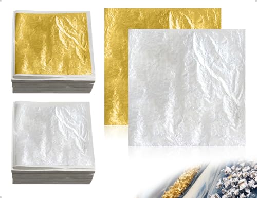AOYEGIC 100 Láminas de Pan de Oro, Imitación de Lámina de Oro para Manualidades, Pintura, Uñas, Proyectos de Arte, Decoración de Manualidades y Creaciones de Resina DIY (Dorado y Plateado)
