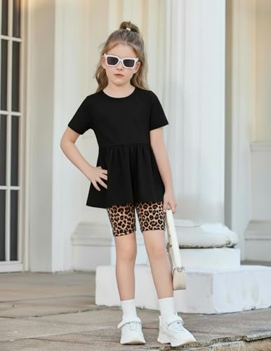 Image of Arshiner Girls Summer Outfits Short Sleeve Ruffle Hem Top and Biker Shorts Set Girl Clothes 4-15 Years