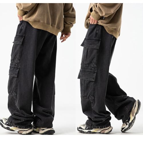 Farm4Far Unisex Cargo Wide Leg Elastic Waistband Washed Loose Baggy Pants Jeans2