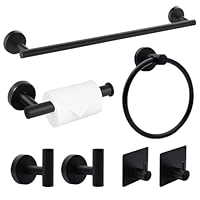Cnwinu 7 Stück Handtuchhalter Set, Edelstahl Toilettenpapierhalter, Schwarz Handtuchregal Set mit Klorollenhalter, Handtuchstange, Handtuchhalter Ring, 2 Klebehaken, 2 Garderobenhaken (Schwarz)