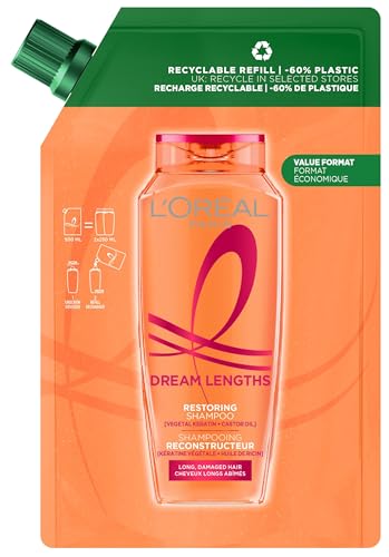 LOréal Paris Elvive Dream Lengths Restoring Shampoo Recyclable Refill Pouch with Vegetal Keratin & Castor Oil for Long Hair Suitable for all hair textures -60% less plastic Value format 500ml