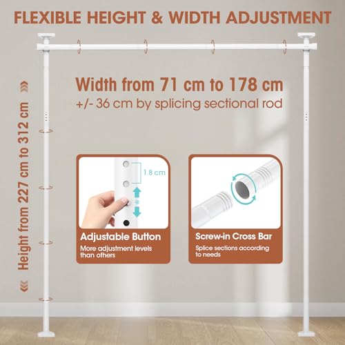 WELDUN Raumteiler Paraventgestell Gardinenstangen, Freistehend Trennwand Paravent ohne Vorhang, Sichtschutz für Wohnzimmer, Schlafzimmer oder Büro 227–312 cm (H), 71–178 cm (B), Weiß