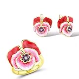 Tipo de Metales: plata ZHUDJ Conjunto de Joyas de Plata para Mujer Plata de Ley 925 Pendientes de Flores Rojas en Flor Conjunto de Anillos Joyería Fina Esmalte Hecho a Mano