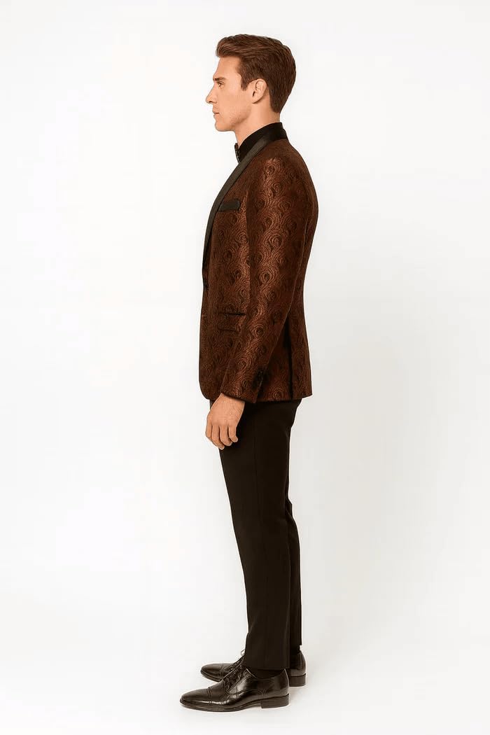 Mens Rust Copper Brick Color Paisley Tuxedo Jacket Dinner and Wedding Blazer with Black Pants Matching Bowtie