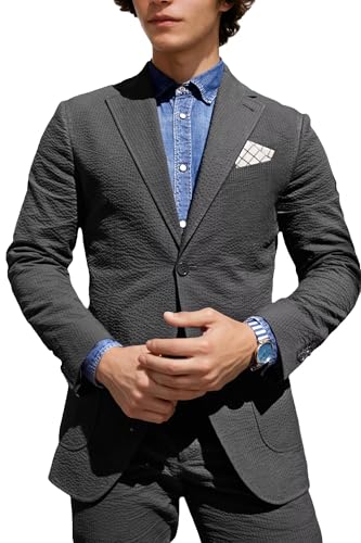 Men Seersucker Suit 2 Piece Solid Pin Stripe Suits for Men Summer Beach Wedding Outfits Slim Fit Formal Casual