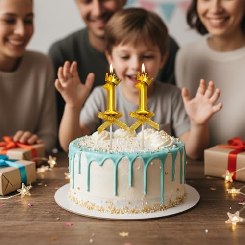 Image of Rozi Decoration Number 11 Birthday Candle Set Gold with Crown Design | Cake Topper Candles with Stick | Birthday and Anniversary Cake Decoration