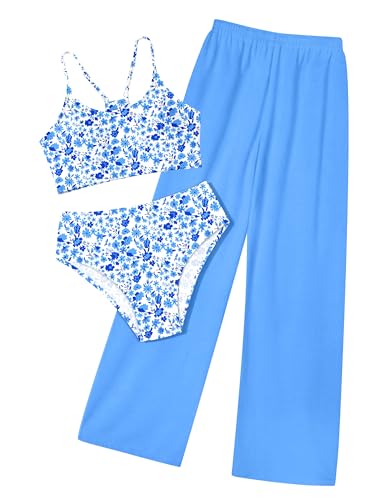 Image of NECIOUS Girls Swimsuit, 3 Piece Bikini Bathing Suit Tropical Floral Swimwear with Cover Up Pants 7-16Y