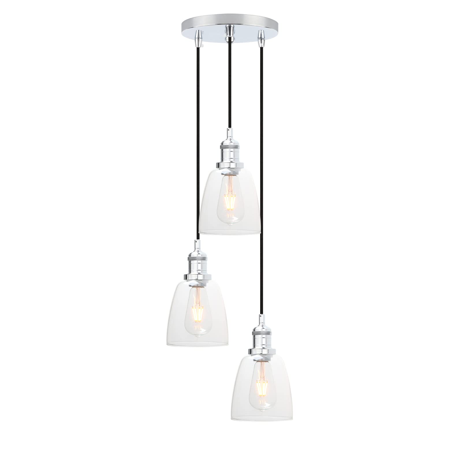Phansthy Triple Industrial Pendant Lights with Clear Glass Shade, E27 Kitchen Light Fixture 3 Chandelier Flush Mount Ceiling Hanging Lamps for Living Room Kitchen Dining Room (Chromed)