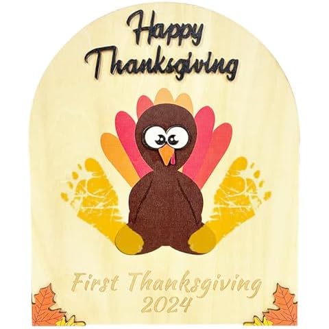 poceton Thanksgiving Turkey Handprint Craft for Kids - Wooden Preschool Thanksgiving Turkey Handprint or Footprint Art Sign, Thanksgiving Activities Keepsakes, Baby's First Thankful Turkey Craft Cover