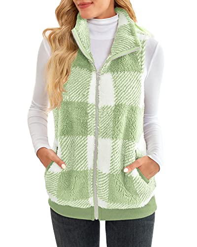Lamissche Womens Fuzzy Fleece Zip Up Vest Sleeveless Plaid Fluffy Sherpa Coat Warm Faux Fur Jacket With Pockets(A01-Light Green,2Xl) #TOP3
