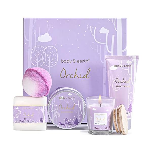 BODY & EARTH Geschenkbox für Frauen-5tlg. Orchideenduft Geschenkset Frauen, Duftkerze, Körperbutter, Handcreme…
