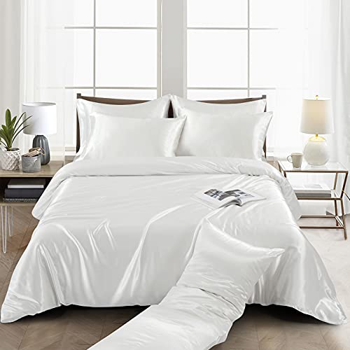 Image of Ersmak 6 Pieces Satin Duvet Cover King Size Luxury Silky Bedding Duvet Cover Set with 1 Soft Duvet Cover, 4 King Pillowcases and 1 Body Pillowcase, Ivory White