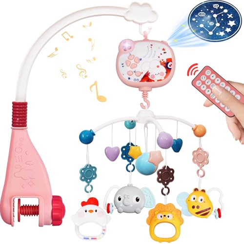 Crib Mobile with Music and Lights, Baby Mobile for Crib Toys with Rotation, Remote Control, Projection, Nursery Crib Musical Mobile for Bassinets Arm Clip On Hanging for Infant Boys Girls Toddles Pink