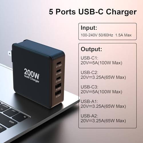 Tobetravel 200W USB C Charger, 5 Ports GaN Fast Charger, PD100W USB C Desktop Charging Station for iPhone 16 15, MacBook Pro/Air, Galaxy S24 S23 and More - image 5