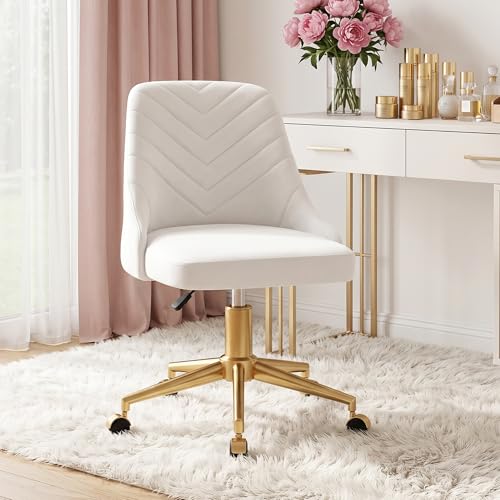 VECELO Velvet Vanity Desk Chair with Height-Adjustable for Office Living Room Bedroom Make Up Study 360Swivel Wheeled Gold Base White