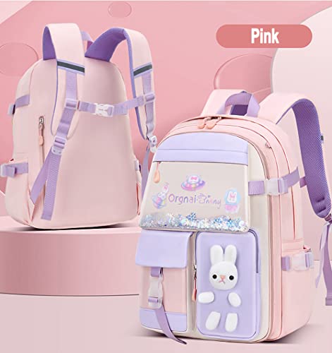 2PCS Kawaii Backpack Set with Lunch Bag,17.7inch Bunny Backpacks for Girls Large Capacity Aesthetic School Bag Cute Bookbags with Beaded Quicksand Pocket & Rabbit Doll,Pink4