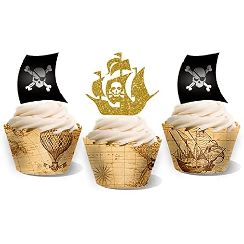 OZCZKZZ Pirate Ship Theme Party Supplies-Vintage Map Cupcake Wrappers- -24PCS Cover