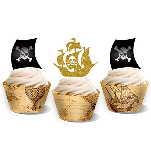 Pirate Ship Theme Party Supplies,Pirate Cupcake Toppers+Vintage Map Cupcake,24Pcs #TOP6