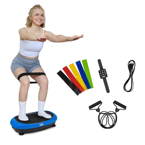 Fitvids Vibration Plate Exercise Machine Workout Vibration Fitness Platform with Resistance Loops and Resistance Band – 2D – 2D-Black – Blue