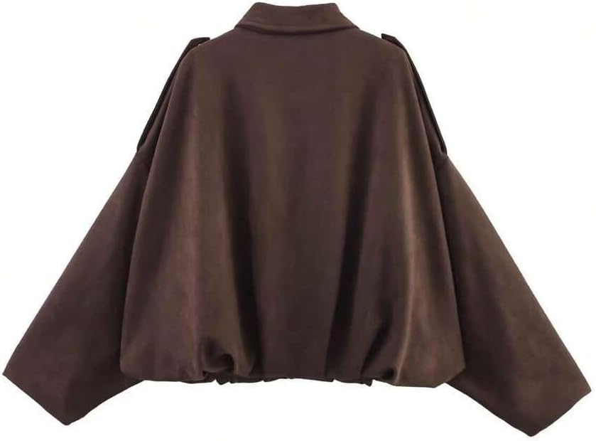 SKAYS Womens Faux Suede Bomber Jacket Lightweight Zip Up Cropped Lapel Pilot Jackets Oversized Casual Motorcycle Coat Coffee L - Image 4