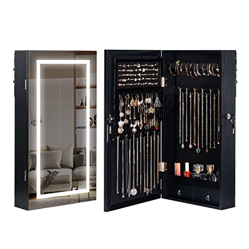 LAVIEVERT Jewelry Armoire with LED Lighted Mirror, Wall/Door Mounted Frameless Mirror with 3 Color Lights, Lockable Jewelry Cabinet Hanging Jewelry Organizer with 2 Drawers - Black