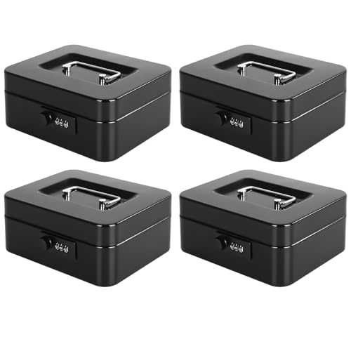 Image of KYODOLED Small Metal Combination Lock Box for Cash and Medication, 4 Pack | Keyless 3-Digit Lock, Removable Coin Tray, Storage for Bills and Small Items, Ideal for Gifting, 7.87 x 6.3 x 3.35 in, Black