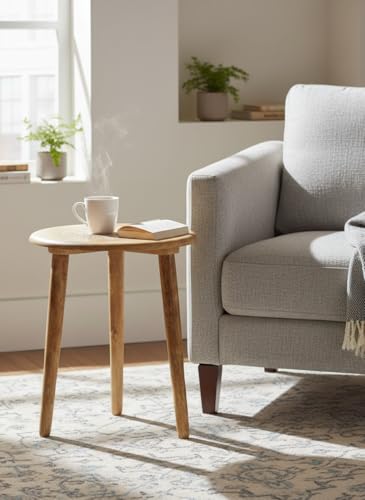Image of Solid Wood Round Side Table for Living Room | Compact Sofa End Table with 3 Legs | Minimalist Wooden Accent Table for Bedroom Balcony Office Home Decor (Natural, 12X16 Inches)