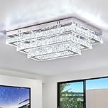 Finktonglan Modern Crystal LED Ceiling Light Fixture 20” Rectangular Flush Mount Chandelier Ceiling Lights 3-Tiers Stainless Steel Ceiling Lamp Fixtures for Living Room Dining Room(6500K Cool White)