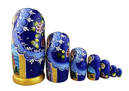 Beautiful Blue And Gold Little Girl And Fairy Tale Pattern Handmade Wooden Traditional Russian Nesting Dolls Matryoshka Dolls Set 7 Pieces For Kids Toy Birthday Christmas Decoration #TOP1
