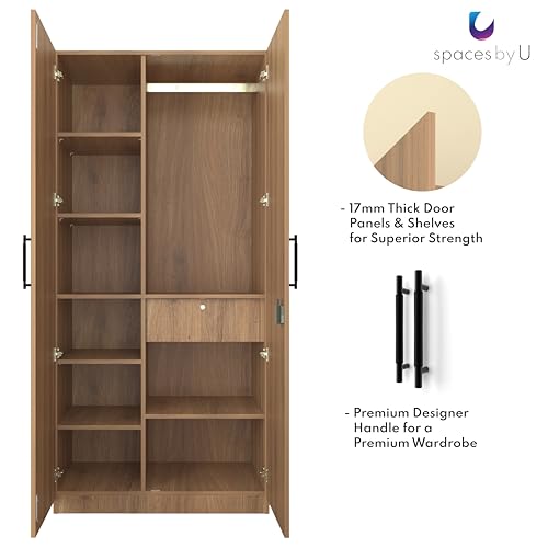 Image of Amoko Wardrobe | Engineered Wood Cupboard | Almirah | 2 Doors, 9 Shelves, Soft-Close Hinges, 1 Drawer 16 inch, 17mm Thick Shelves & Door Panels, 1 Hanging Rod | FREE Installation (Wood Oak Light)