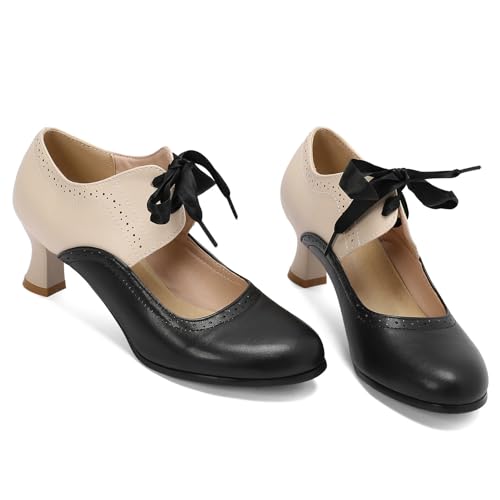 KysBloes Women 1950s Vintage Rockabilly Shoes Lace Up Oxford Shoes Kitten Heel Mary Janes Wingtip Retro Pumps3