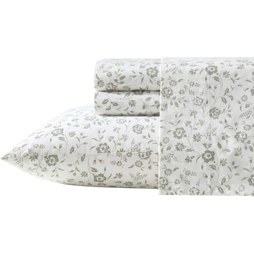 Image of Laura Ashley - Twin Size Sheet Set, Crisp & Lightweight Cotton Percale Bedding with Fitted Sheet and Pillowcase, Floral Room Decor, Deep Pocket, College Dorm Room Essentials (Miranda Green)