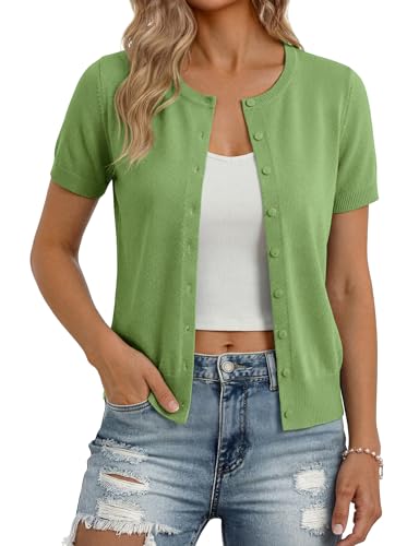 Image of GRACE KARIN Women Short Sleeve Cardigan, 2026 Summer Knitted Sweater Tops, Basic Crew Neck Crop Outfits