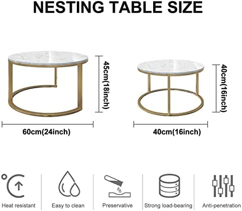 Marble Coffee Tables Set, Modern Round Nesting Table Set of 2 Sofa Table for Living Room, Console Table Set with Anti-Rust Sturdy Metal Frame for Bedroom Living Room Home Office, White (Black)