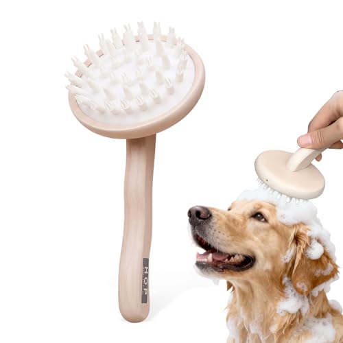 HOP Dog Bath Brush with Wooden Handle Dog Washing Brush Massage Shampoo Brush Cat Deshedding Comb Pet Grooming Tool for Dogs and Cats Remove Loose Hair Deep Cleansing