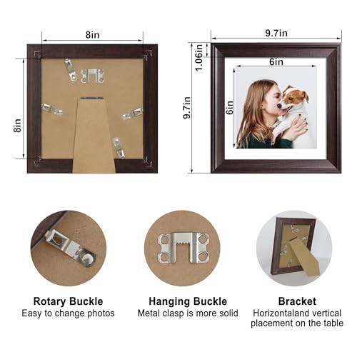 Image of iRahmen 8x8 Vintage Picture Frame with Mat 6x6 - High Definition Real Glass Wooden Photo Frames for Tabletop Display and Wall Mounting (Dark Brown, Set of 4)