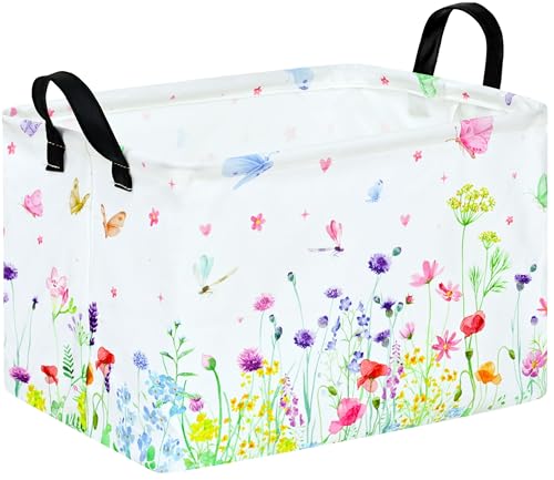 Image of Spring Flower Gift Storage Basket Rectangle Storage Organizer for Nursery Hamper Home Bedroom Laundry Hamper Shelf Baskets.