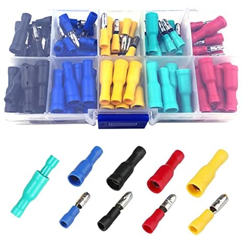Electrical Connectors, 100Pcs Insulated Male and Female Bullet Butt Connectors Electrical Crimps Connectors Straight Wire Terminal Connectors (Red, Yellow, Blue, Green, Black, 3 Different Sizes) Cover