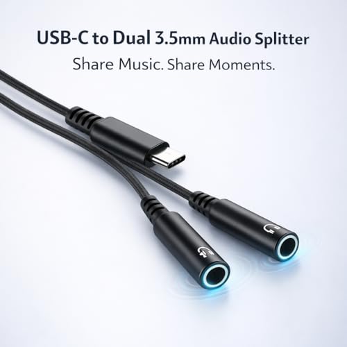 Image of Mizi USB C to Dual 3.5mm Headphone Splitter, 2-Port Audio Adapter for iPhone 15 /16 /17 Pro, Galaxy S24 /S25 Ultra, Pixel, iPad Pro - Share Music & Podcasts - Black