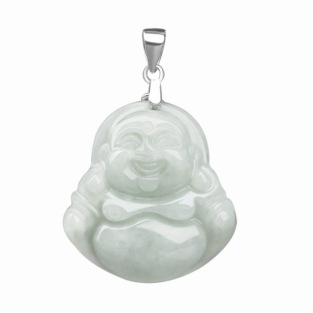 BJIMIDTI Jade Pendant Green Natural Real Laughing Buddha Necklace - Good Luck 925 Silver Chain Amulet Jewelry Gifts