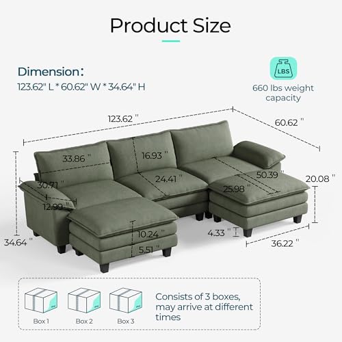 Image of LINSY Home 123'' Modular Sectional Sofa Green Couch Corduroy Cloud Couches for Living Room, U Shaped Couch with Movable Ottoman, Modern Cloud Sectional Sofas for Bedroom and Apartment, Green