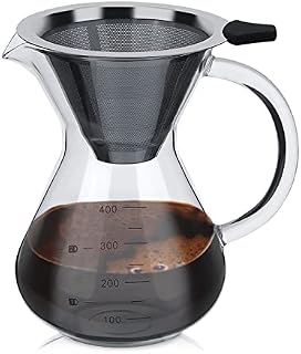 HERCHR Pour Over Coffee Maker Set, Coffee Dripper Pot Borosilicate Glass Carafe Manual Coffee Dripper Brewer with Stainless Steel Filter, 400ml/13.5oz